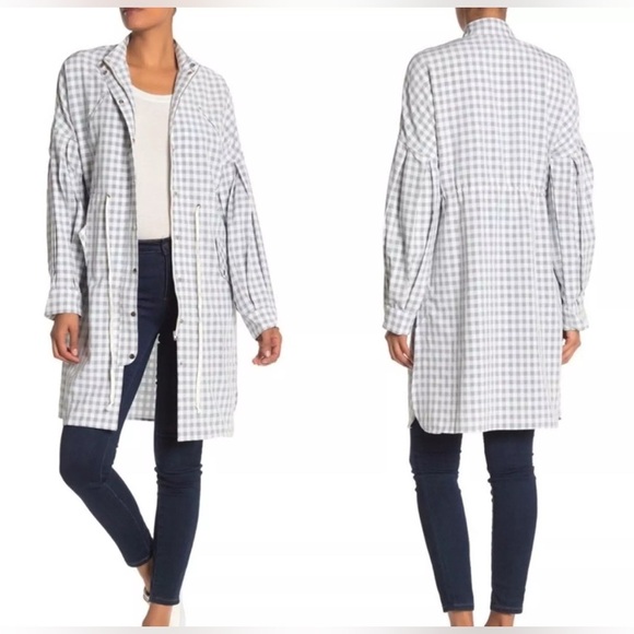 Stelen English Factory Women’s Med Grey Gingham Balloon Sleeve Zip Long Jacket - Picture 1 of 11